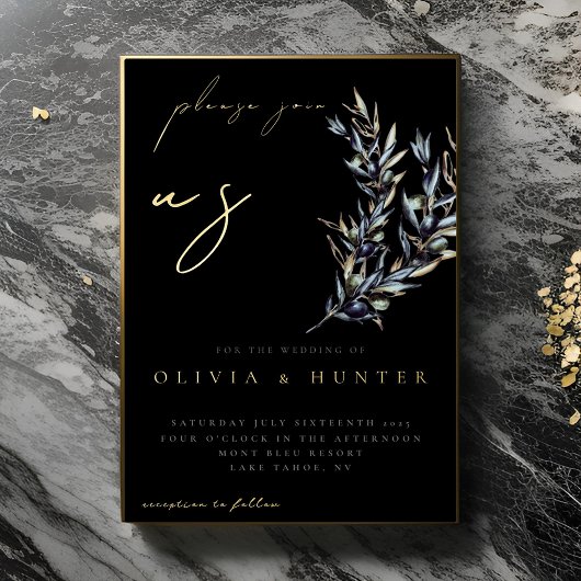 Elegante Olive Branch Zwart en Gouden Bruiloft Folie Uitnodiging