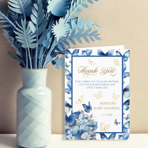 Elegante Opgevouwen Blauwe Vlinder Baby in Bloei Bedankkaart