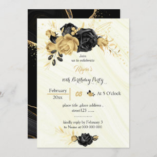 Elégante or & fleurs noires invitation anniversair