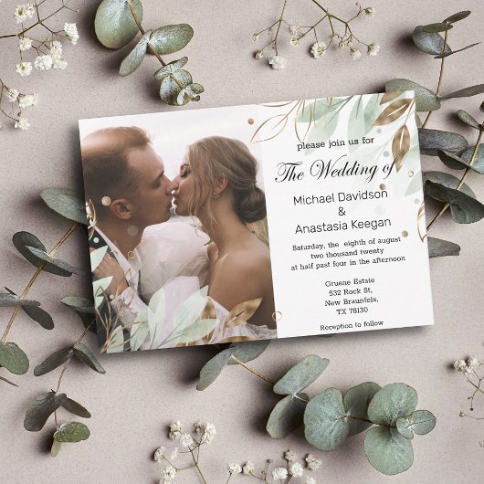 élégante or vert floral mariage photo invitation
