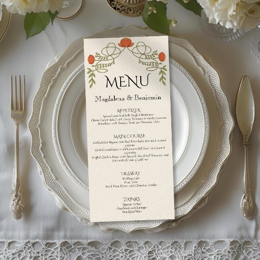 Elegante Oranje Art Nouveau Bloemenbruiloft Menu