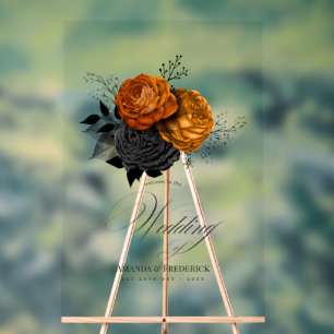 Elegante Oranje en Zwarte Gotische Trouwwelcome Acryl Bord