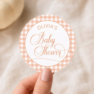 Elegante oranje geruite babyshower ronde sticker