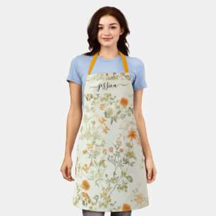 Elegante oranje wilde bloemen script naam schort