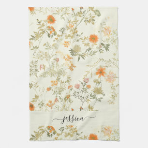 Elegante oranje wilde bloemen script naam theedoek