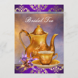 Elegante Orchidee Goud en Paarse Bruiloft Theepart Kaart