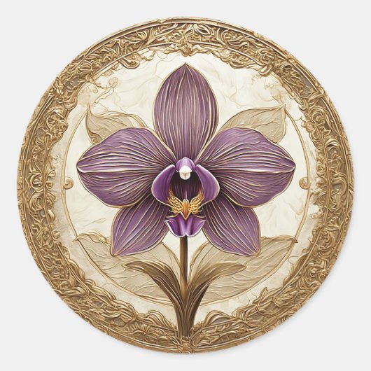 Elegante Orchidee in Intrigerende Gouden Lijst Ronde Sticker (Voorkant)