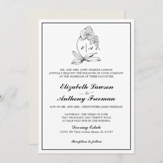 Elegante Orchidee Monogram Formele Huwelijksuitnod Kaart (Voorkant / Achterkant)