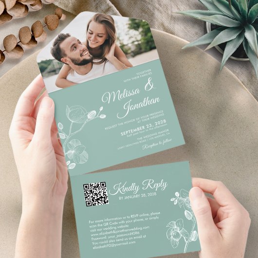 Elegante orchideeën mintgroene bloemencode QR Code All In One Uitnodiging