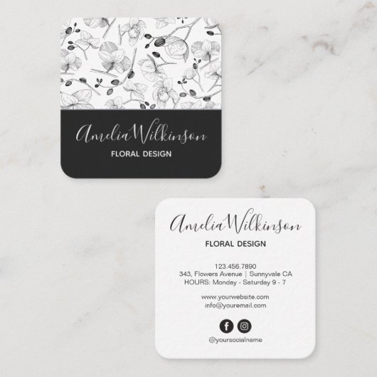 Elegante orchideeën zwart & wit bloemendelicate ch vierkante visitekaartje (Voorkant / Achterkant)