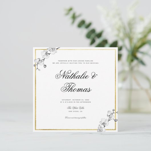 Elegante orchideeën zwart wit goud Lijst bruiloft Kaart (Staand voorkant)