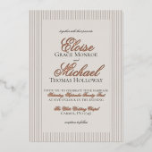 Elegante Oud Geld Script Neutral Stripe Wedding Folie Uitnodiging (Voorkant)