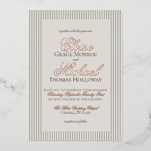 Elegante oude geld script groene streep bruiloft folie uitnodiging (Voorkant)