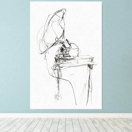 Elegante Oude Gramophone Schets - Premium Canvas Afdruk (Insitu (Houten vloer))
