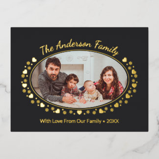Elegante ovale familiefoto met hart en sneeuwvlok folie feestdagen briefkaart