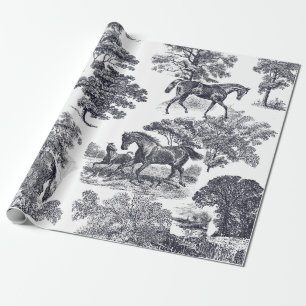 Elegante Paarden Frans Blauw Toile Naadloos Cadeaupapier