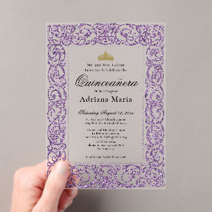 Elegante paarse 15e verjaardag Quinceanera Acryl Uitnodigingen