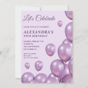 Elegante paarse ballonnen 89e verjaardagsuitnodigi kaart