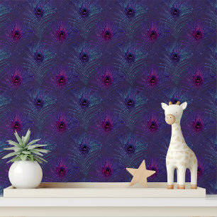 Elegante Paarse Blauwe Glitter Peacock Veren Chic Behang
