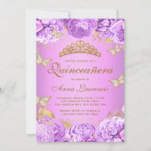 Elegante Paarse Bloem Vlinders Quinceanera Kaart (Voorkant)
