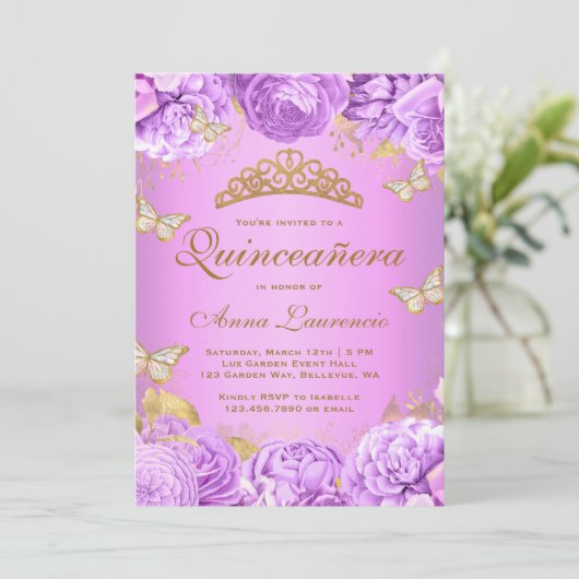 Elegante Paarse Bloem Vlinders Quinceanera Kaart (Staand voorkant)