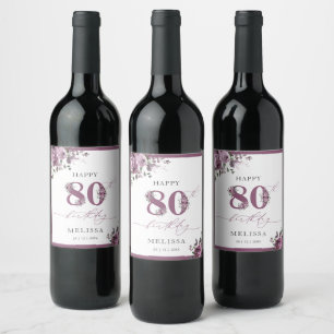 Elegante Paarse Bloemen 80ste Verjaardag Wijn Etiket
