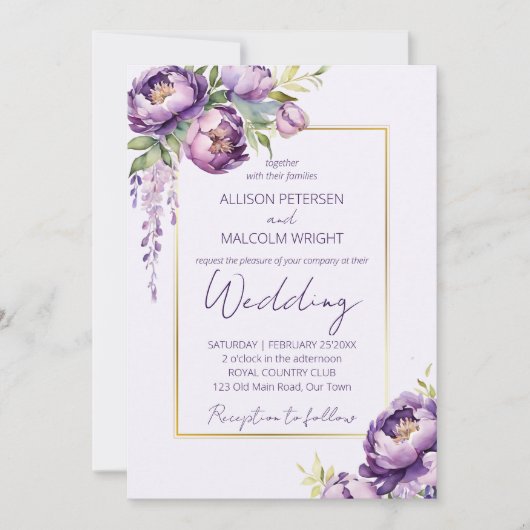 Elegante paarse bloemen allemaal in één bruiloft s kaart (Voorkant)