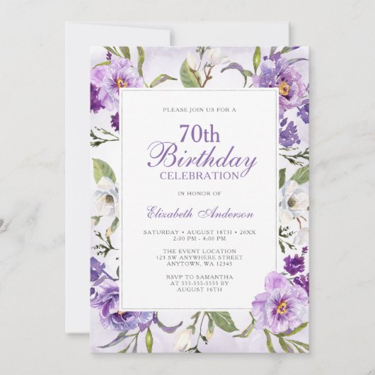 Elegante Paarse Bloemen Botanische 70ste Verjaarda Kaart (Voorkant)