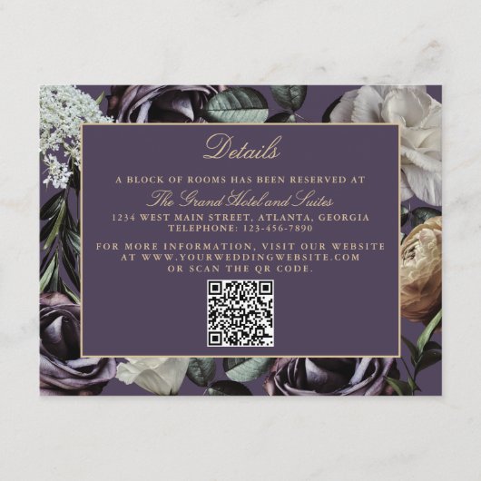 Elegante Paarse Bloemen Dark Moody Wedding Details Informatiekaartje (Voorkant)