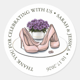 Elegante paarse bloemen lesbisch trouwcadeau stick ronde sticker