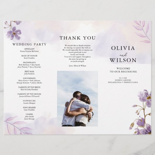 Elegante Paarse Bloemen Trifold Wedding Programma Flyer (Voorkant)