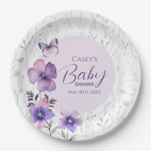 Elegante Paarse Bloemen Vlinder Meisje Baby shower Papieren Bordje