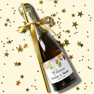 Elegante Paarse Bloemen Waterverf Mini Sparkling Wijnetiket