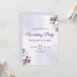 Elegante Paarse Bloemen Wedding Party Uitnodiging