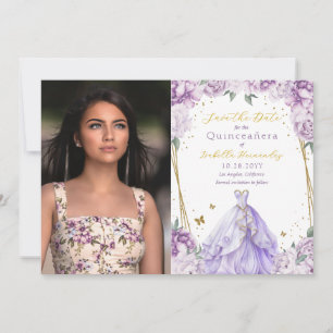 Elegante Paarse bloemenfoto Quinceañera Save The Date