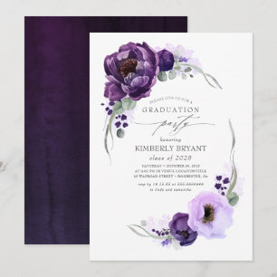Elegante paarse bloemenkrans eindexamen aubergine kaart
