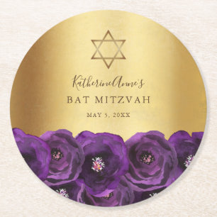 Elegante Paarse Bloemige Gouden Bat Mitzvah Ronde Kartonnen Onderzetter