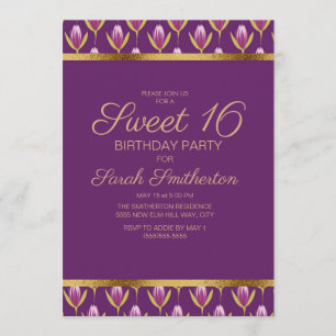 Elegante Paarse Bloemige Gouden Sweet 16 Verjaarda Kaart