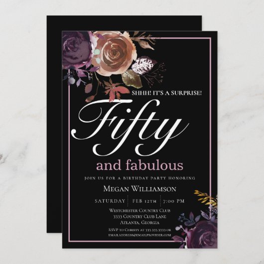 Elegante Paarse Bloemige Vijftig en Fabulous Verja Kaart (Voorkant / Achterkant)