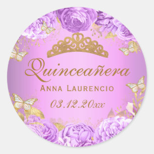 Elegante Paarse Bloemige Vlinders Quinceanera Ronde Sticker