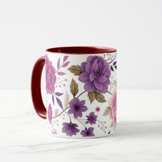 Elegante Paarse Bloemmotief Bourgondische Tweekleu Mok