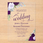 Elegante Paarse Boho Chic Rozen Fancy bruiloft Acryl Uitnodigingen (Voorkant)