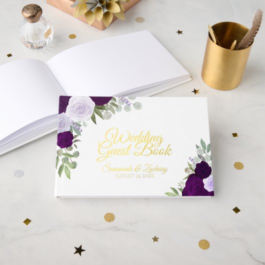 Elegante Paarse Boho Chic Rozen Kleine bruiloft Gastenboek (Voorkant open)