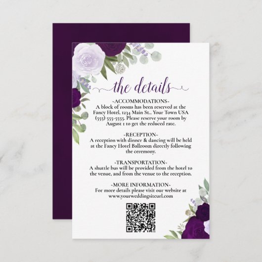 Elegante Paarse Boho Rozen bruiloft details QR cod Informatiekaartje (Voorkant / Achterkant)
