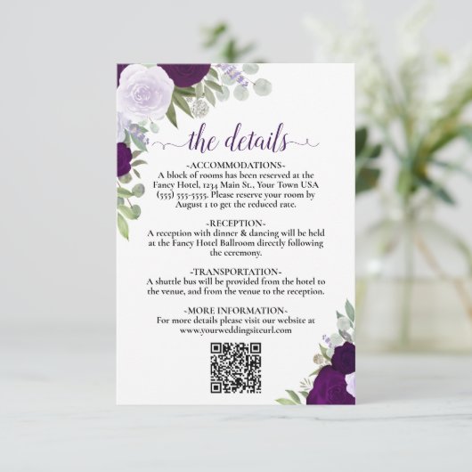 Elegante Paarse Boho Rozen bruiloft details QR cod Informatiekaartje (Staand voorkant)