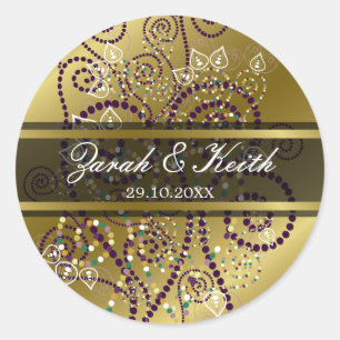 Elegante Paarse Boho Spiralen Gouden Bruiloft Stic Ronde Sticker