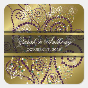 Elegante Paarse Boho Spiralen Gouden Bruiloft Stic Vierkante Sticker