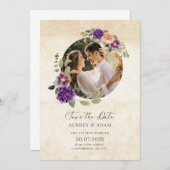 Elegante paarse & bruine rustieke bloemen bruiloft kaart (Voorkant / Achterkant)