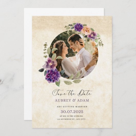 Elegante paarse & bruine rustieke bloemen bruiloft kaart (Voorkant / Achterkant)