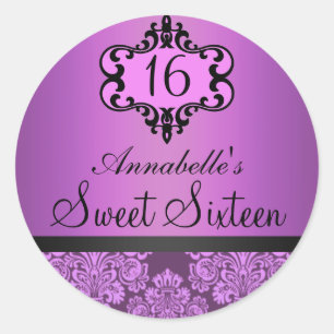 Elegante Paarse Chic Damast Sweet 16 Sticker